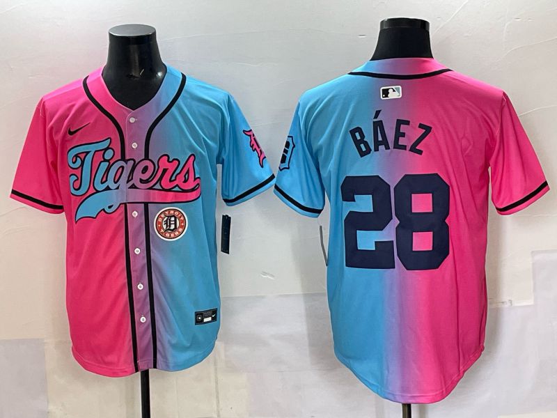 Men 2025 Detroit Tigers 28 Baez Blue pink Game Nike MLB Jersey style 08
